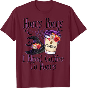Hocus Pocus I Need Coffee To Focus Halloween Funny Teacher T-Shirt - T-Shirt | Maroon