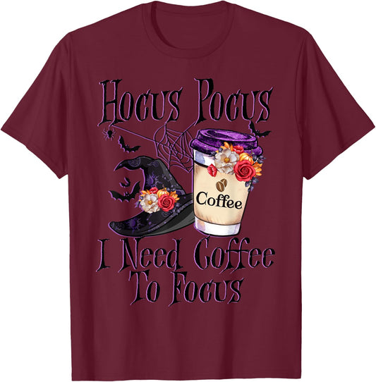 Hocus Pocus I Need Coffee To Focus Halloween Funny Teacher T-Shirt - T-Shirt | Maroon