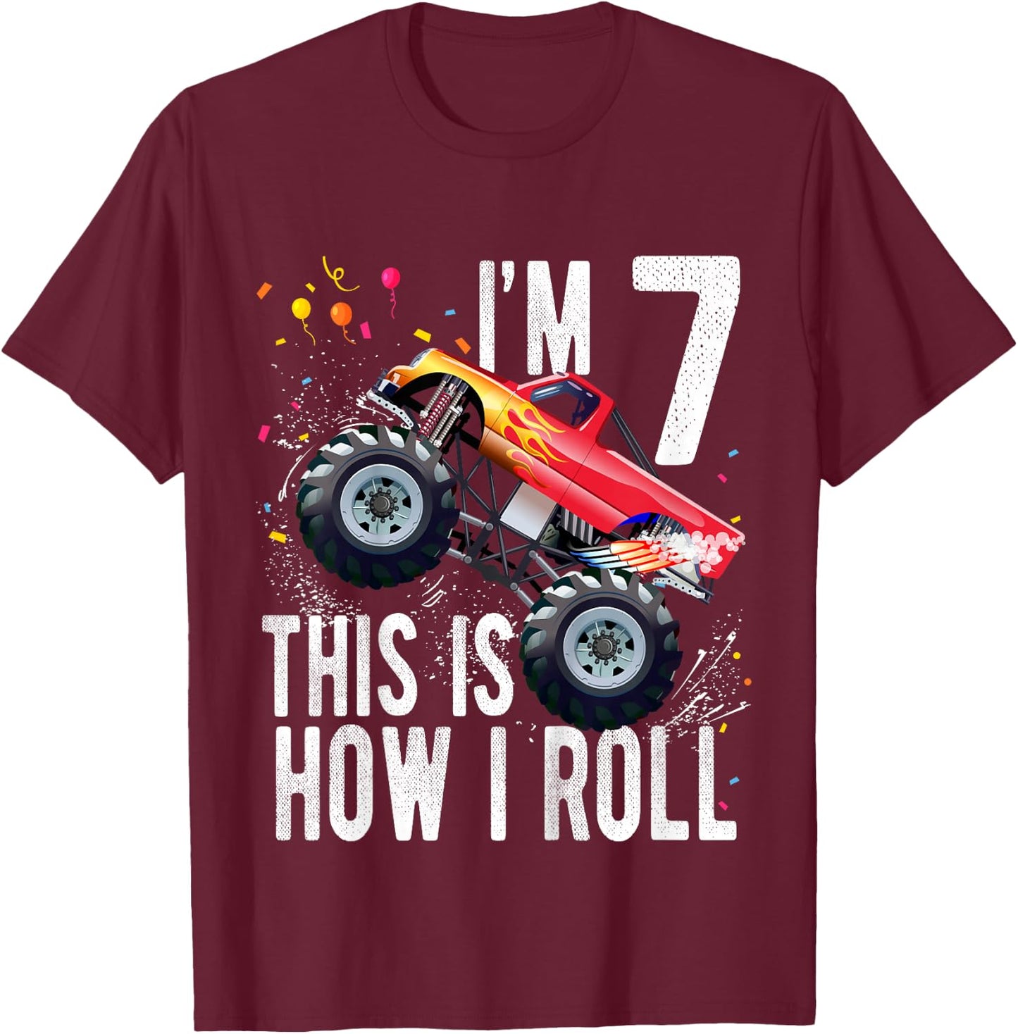 Kids 7 Year Old Shirt 7th Birthday Boy Monster Truck Car T-Shirt - T-Shirt | Maroon