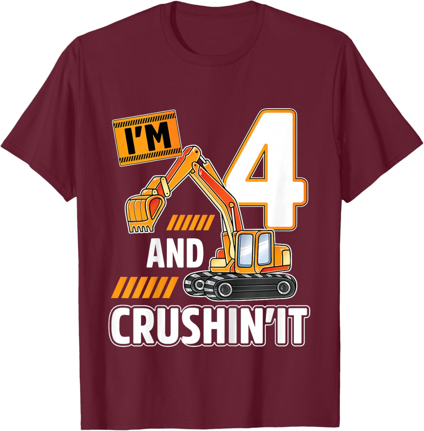 Kids 4 year old vehicles construction excavator Birthday 4th T-Shirt - T-Shirt | Maroon