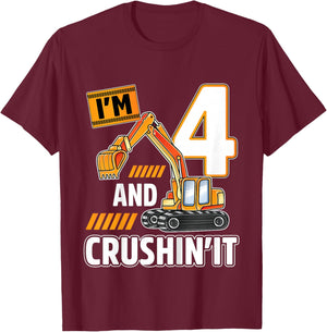 Kids 4 year old vehicles construction excavator Birthday 4th T-Shirt - T-Shirt | Maroon