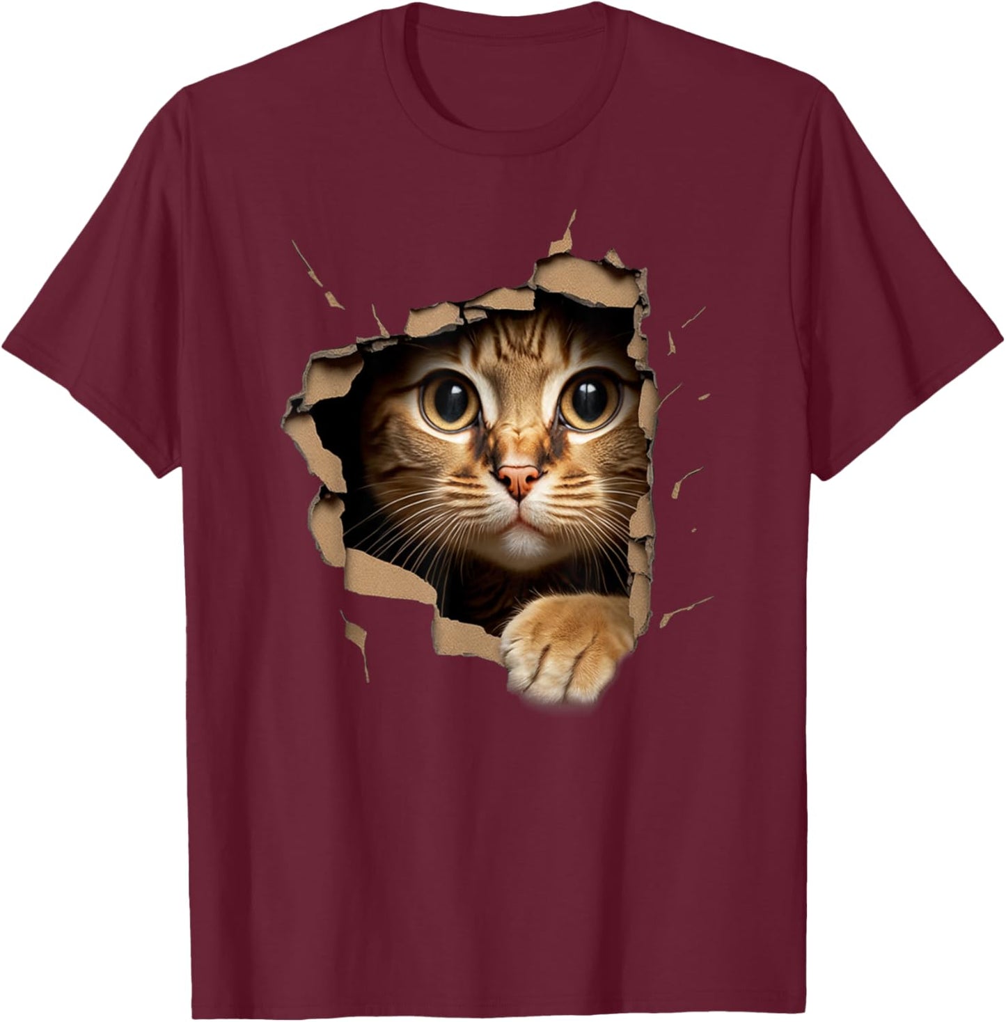Cute Kitten Looks from Torn Fabric - Cats Small T-Shirt - T-Shirt | Maroon