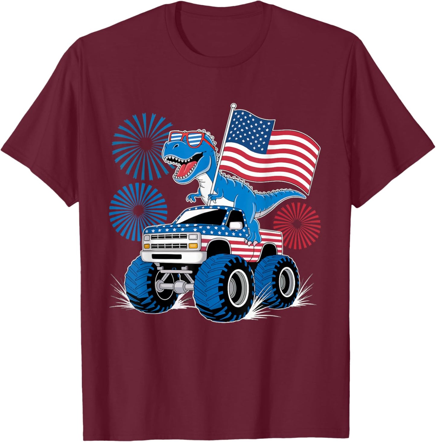 Dinosaur 4th Of July T Rex Dinosaur Monster Truck Dino T-Shirt - T-Shirt | Maroon