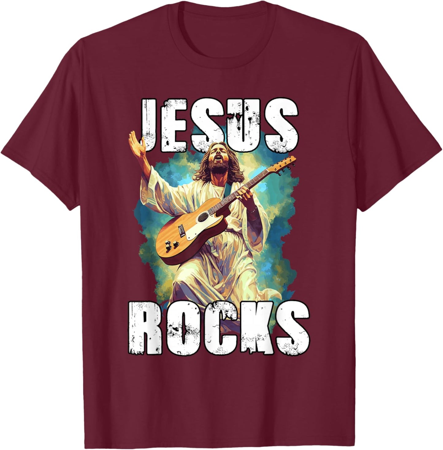 Jesus Rocks with Guitar - Funny Christian Rocks Church T-Shirt - T-Shirt | Maroon