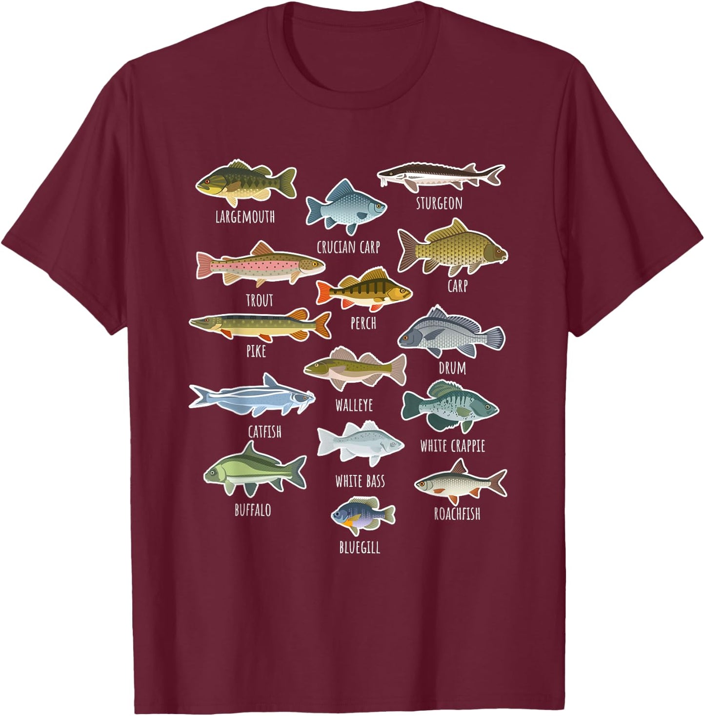 Types Of Freshwater Fish Species Fishing T-Shirt - T-Shirt | Maroon