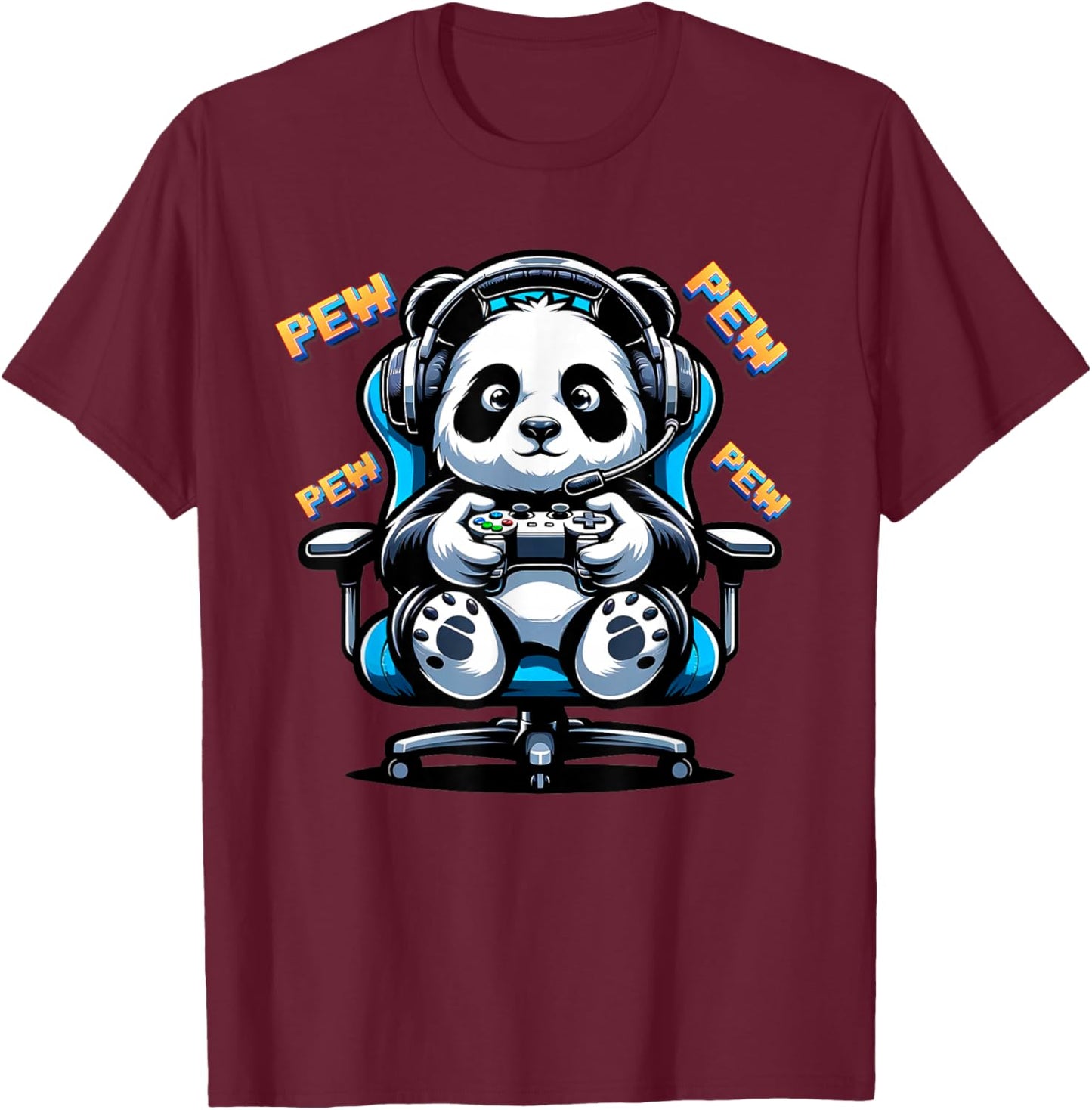 Cute Gaming Panda Pew Video Game Graphic Panda T-Shirt - T-Shirt | Maroon