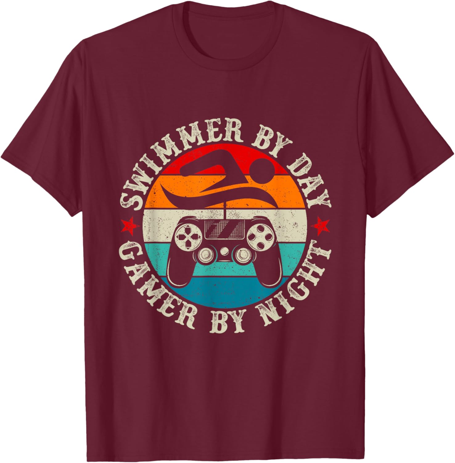 Swimmer By Day Gamer By Night Swimming Funny Video Gamer T-Shirt - T-Shirt | Maroon