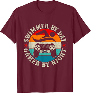 Swimmer By Day Gamer By Night Swimming Funny Video Gamer T-Shirt - T-Shirt | Maroon