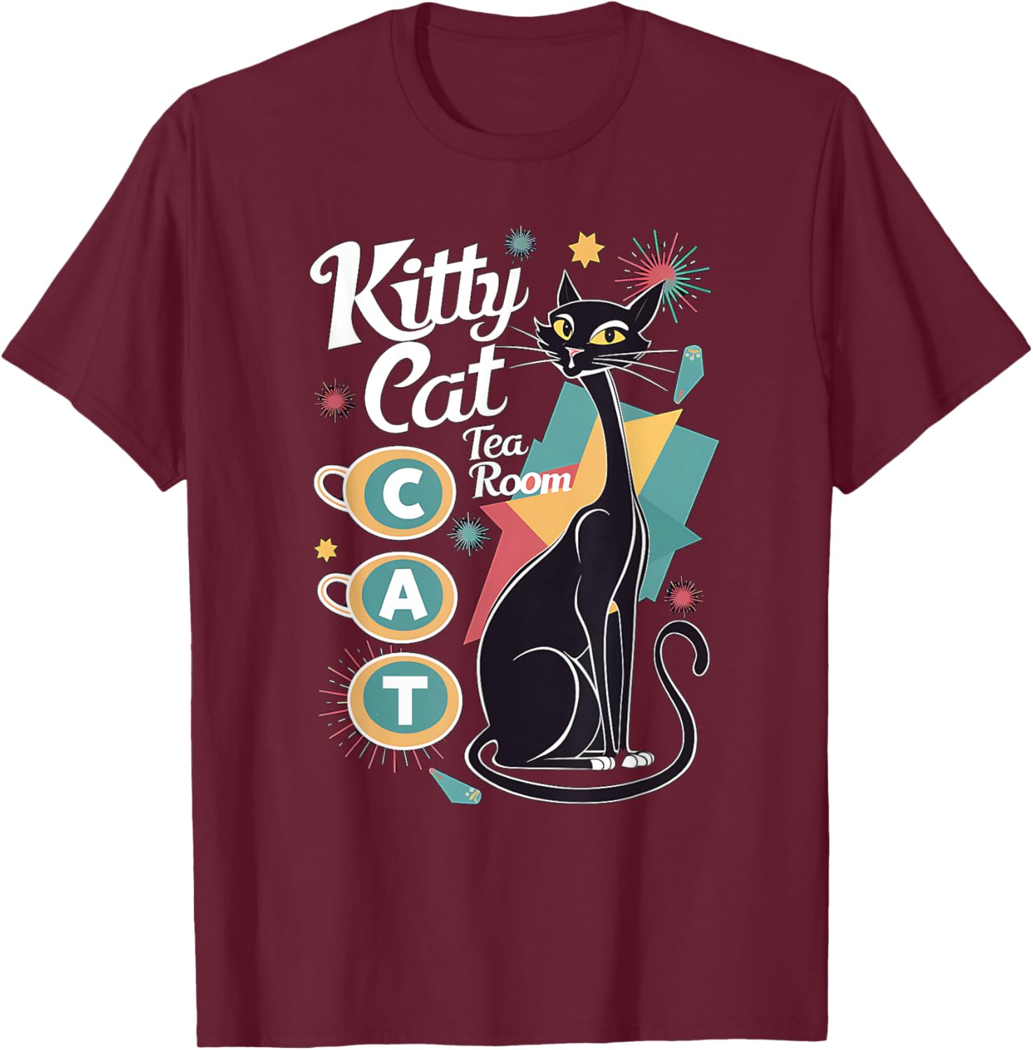 Retro Mid-Century Modern Kitty Cat Tea Room Design Women T-Shirt - T-Shirt | Maroon