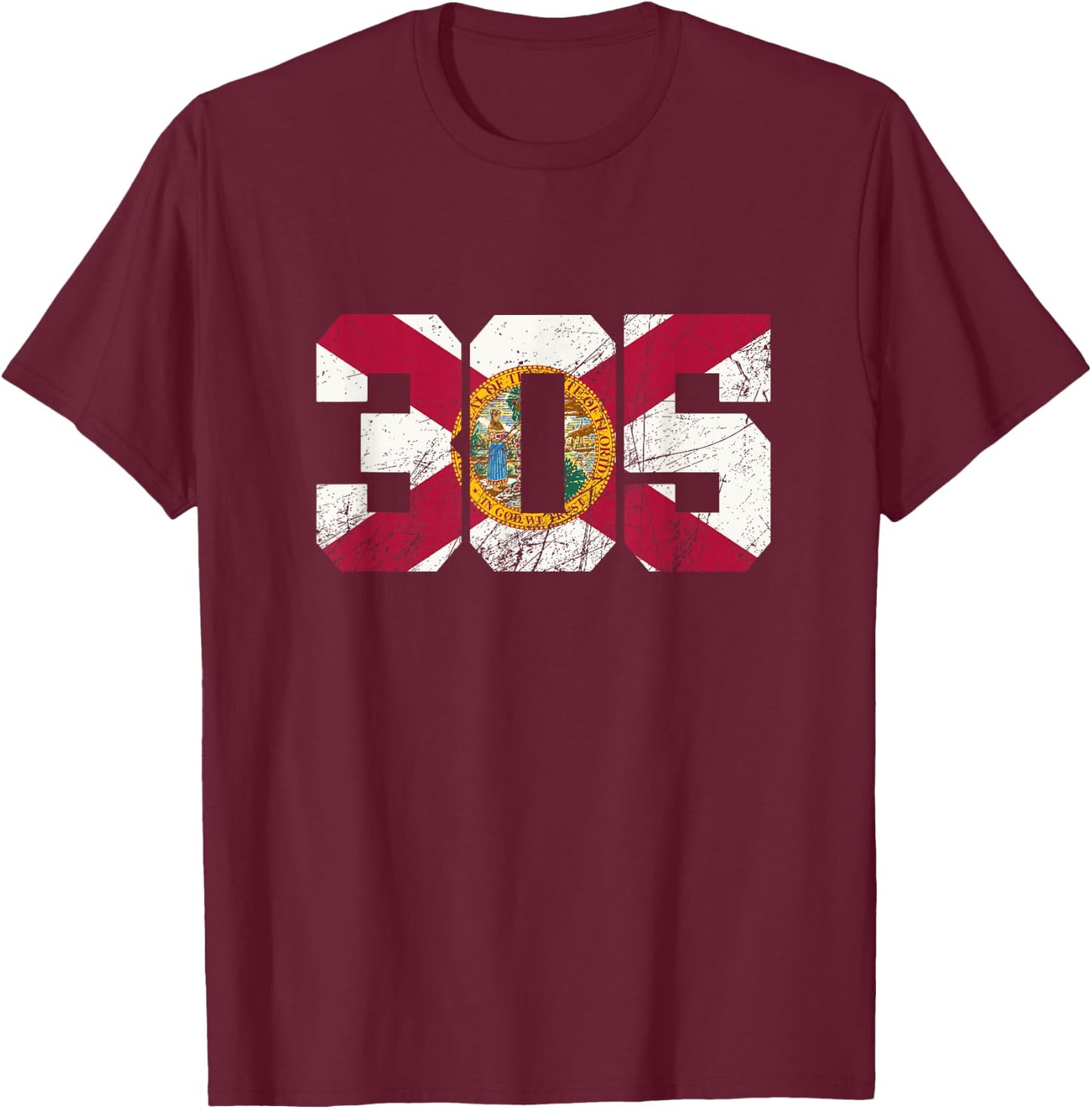 305 Area Code, Flag of Florida State, Miami-Dade County T-Shirt - T-Shirt | Maroon