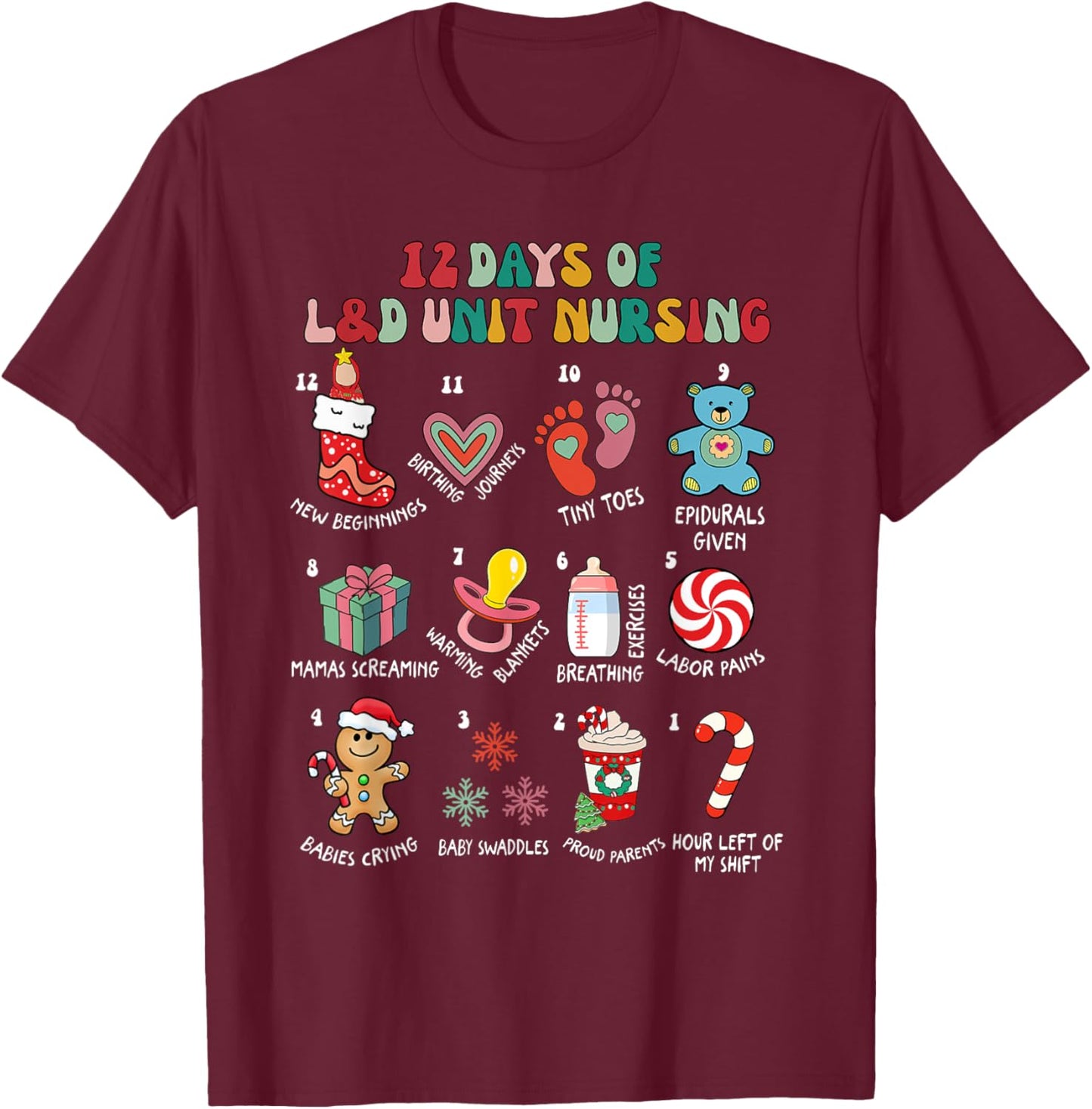 12 Days Of L&D Unit Nursing Labor & Delivery Nurse Christmas T-Shirt - T-Shirt | Maroon