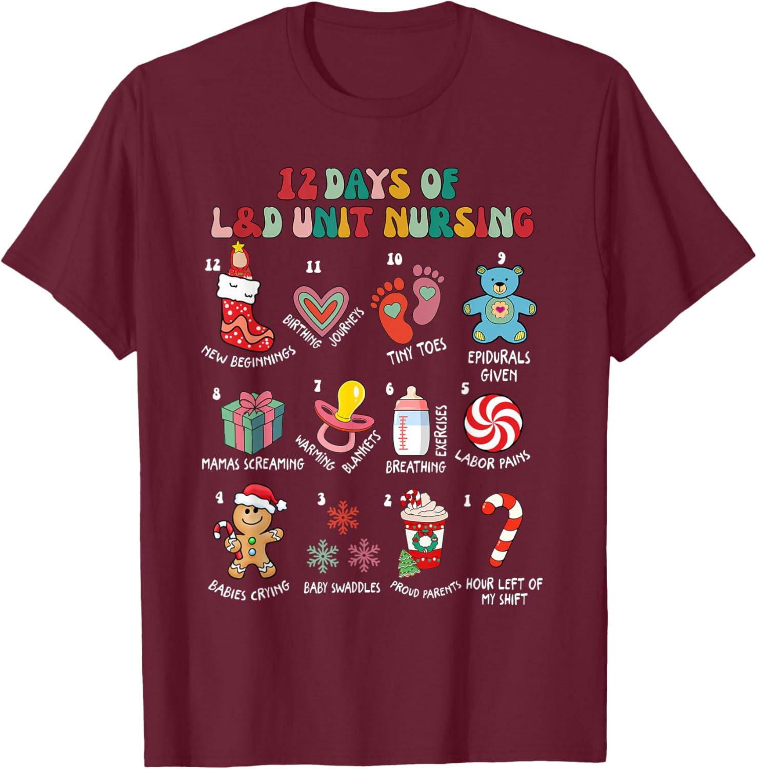 12 Days Of L&D Unit Nursing Labor & Delivery Nurse Christmas T-Shirt - T-Shirt | Maroon