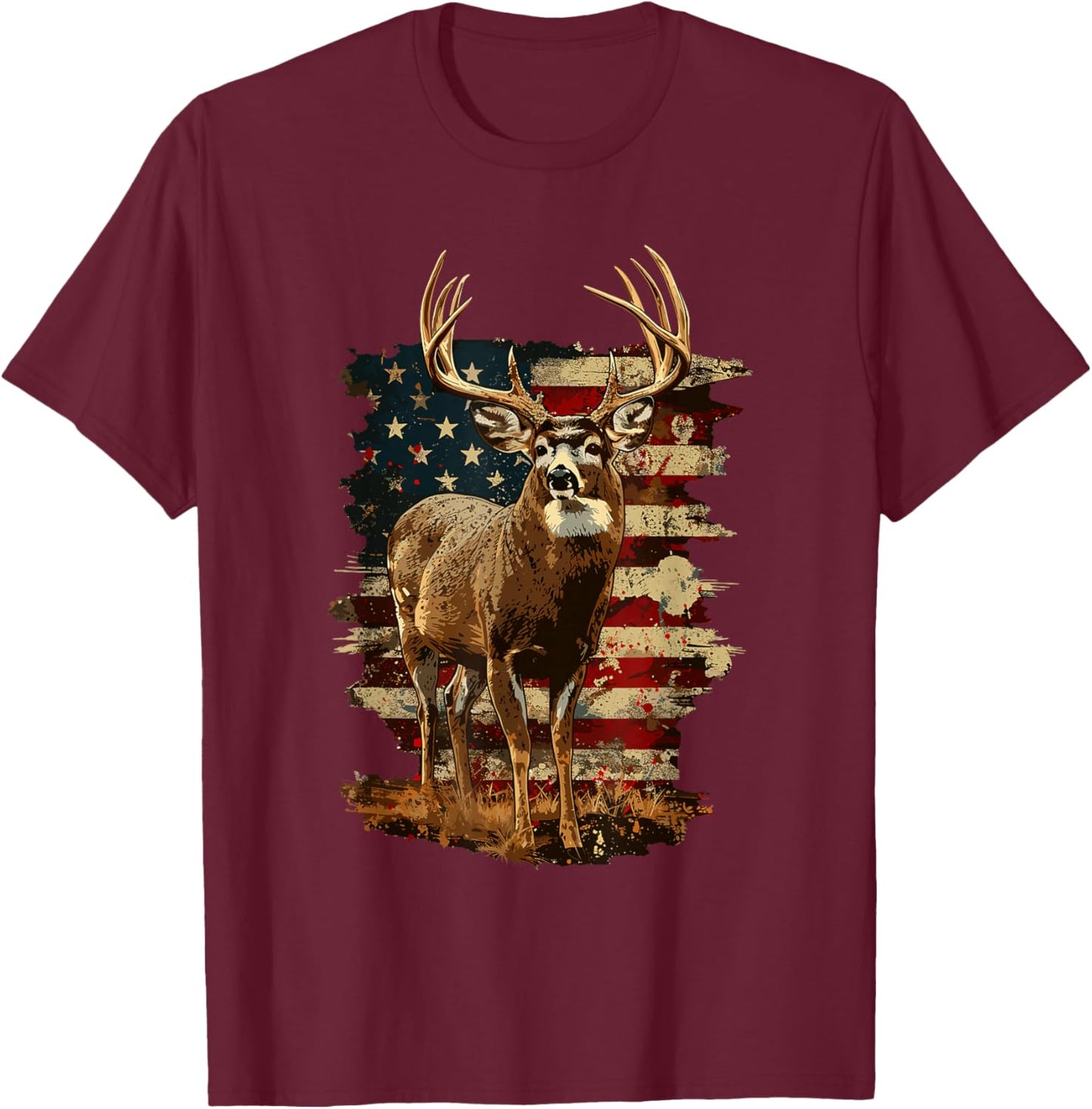 Whitetail Buck Deer Hunting 4th of July USA American Flag T-Shirt - T-Shirt | Maroon