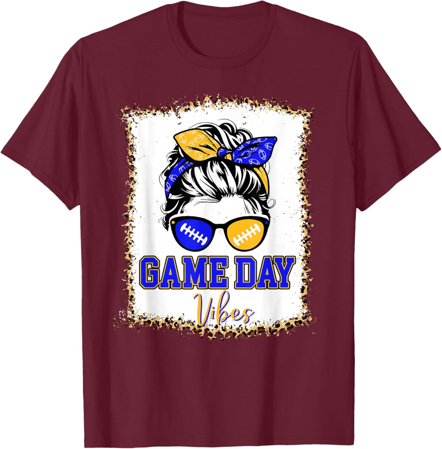 Blue Gold Game Day Vibes Football Women Leopard Print T-Shirt - T-Shirt | Maroon