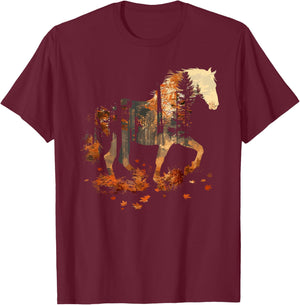 Cute Horse Lover Autumn Leaves Pony Animal Wildlife T-Shirt - T-Shirt | Maroon