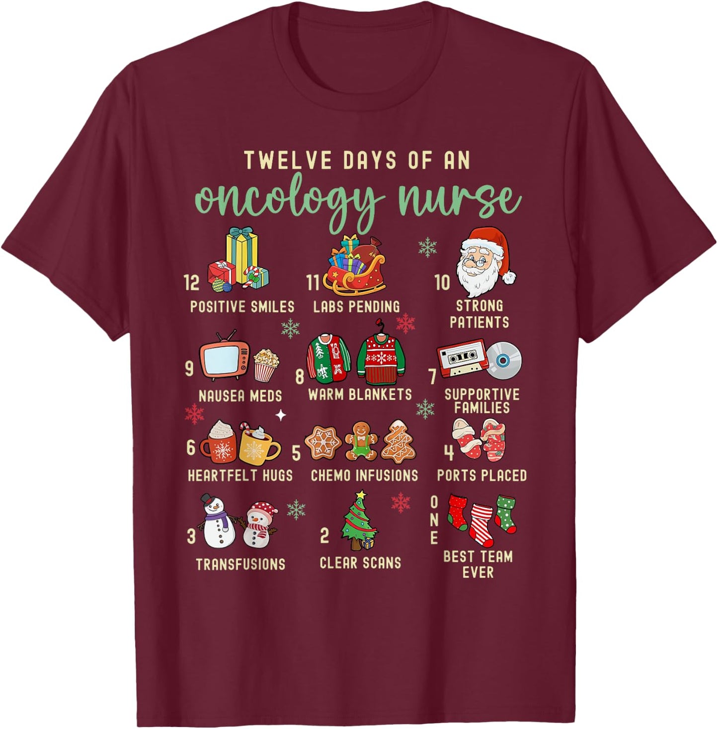 Christmas Oncology Rn Nurse 12 Days Of An Oncology Nurse T-Shirt - T-Shirt | Maroon