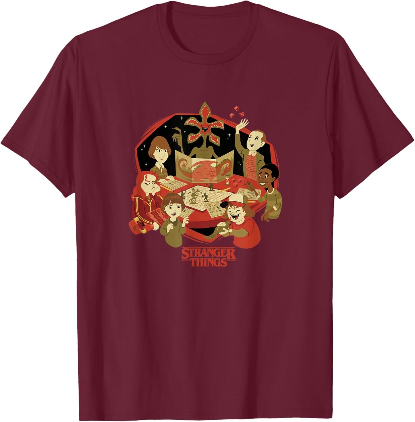 Stranger Things D&D Group Shot Cartoon T-Shirt - T-Shirt | Maroon