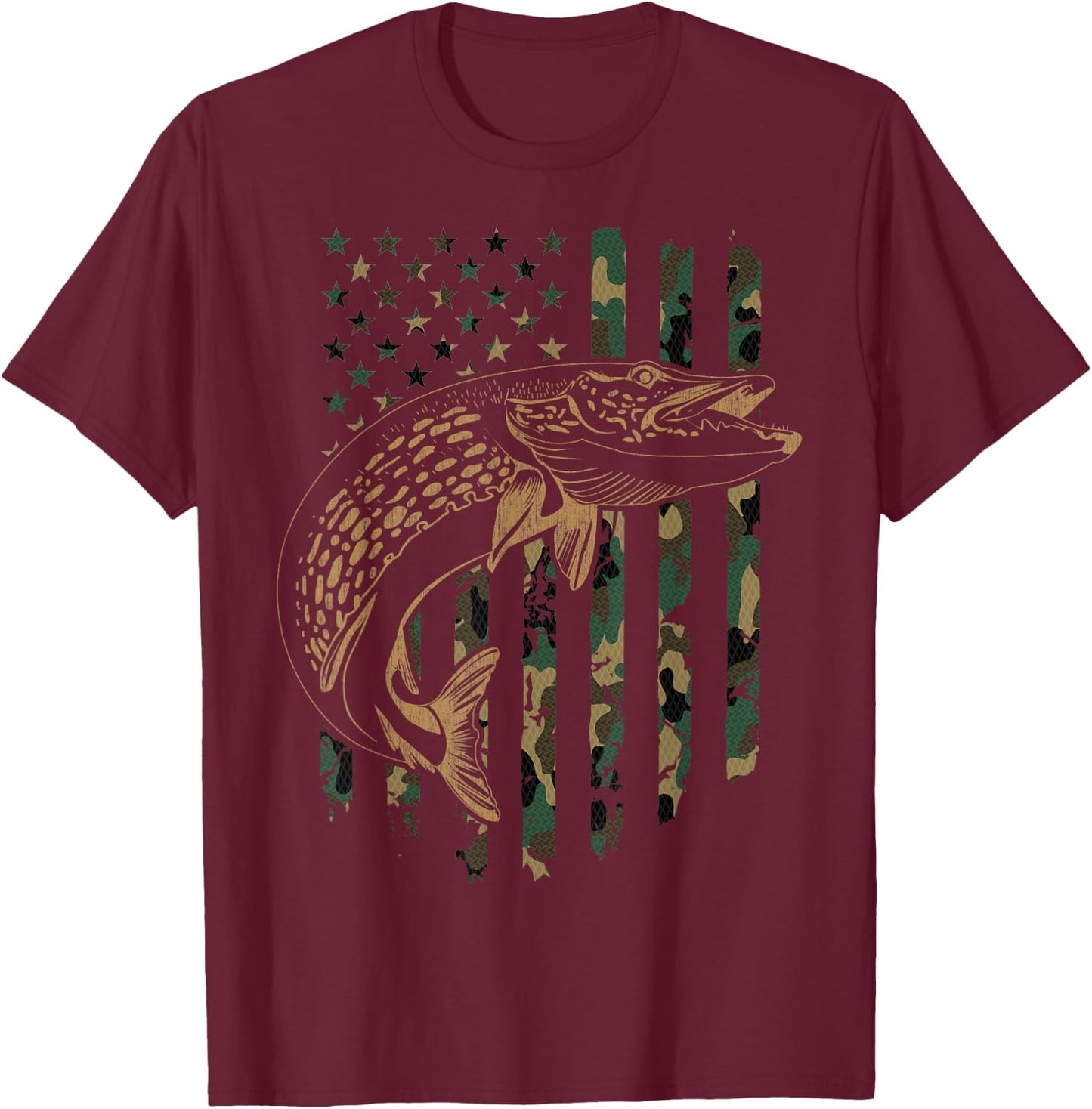 Pike Fishing American Flag Camouflage Muskie Fishing Camo T-Shirt - T-Shirt | Maroon