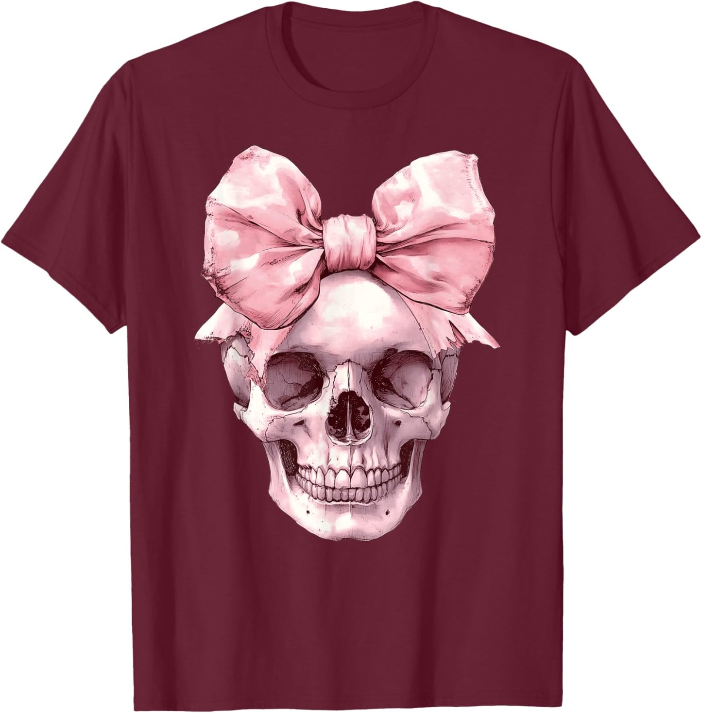 Cute Pink Coquette Bow Skull Spooky Halloween Women Girls T-Shirt - T-Shirt | Maroon