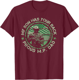 My Son Has Your Back Proud Military Police Dad Thin MP Line T-Shirt - T-Shirt | Maroon