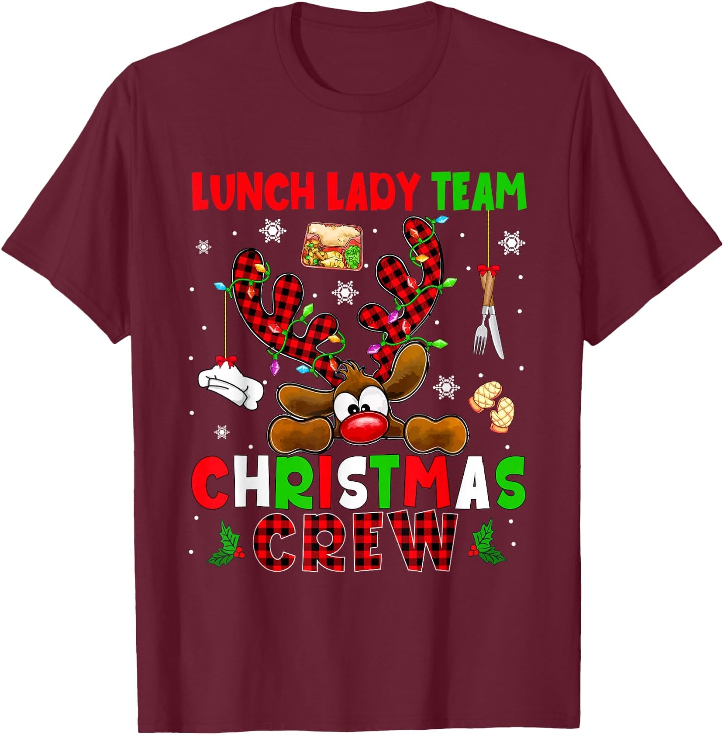 Lunch Lady Team Christmas Crew Proud Job Colorful Reindeer T-Shirt - T-Shirt | Maroon