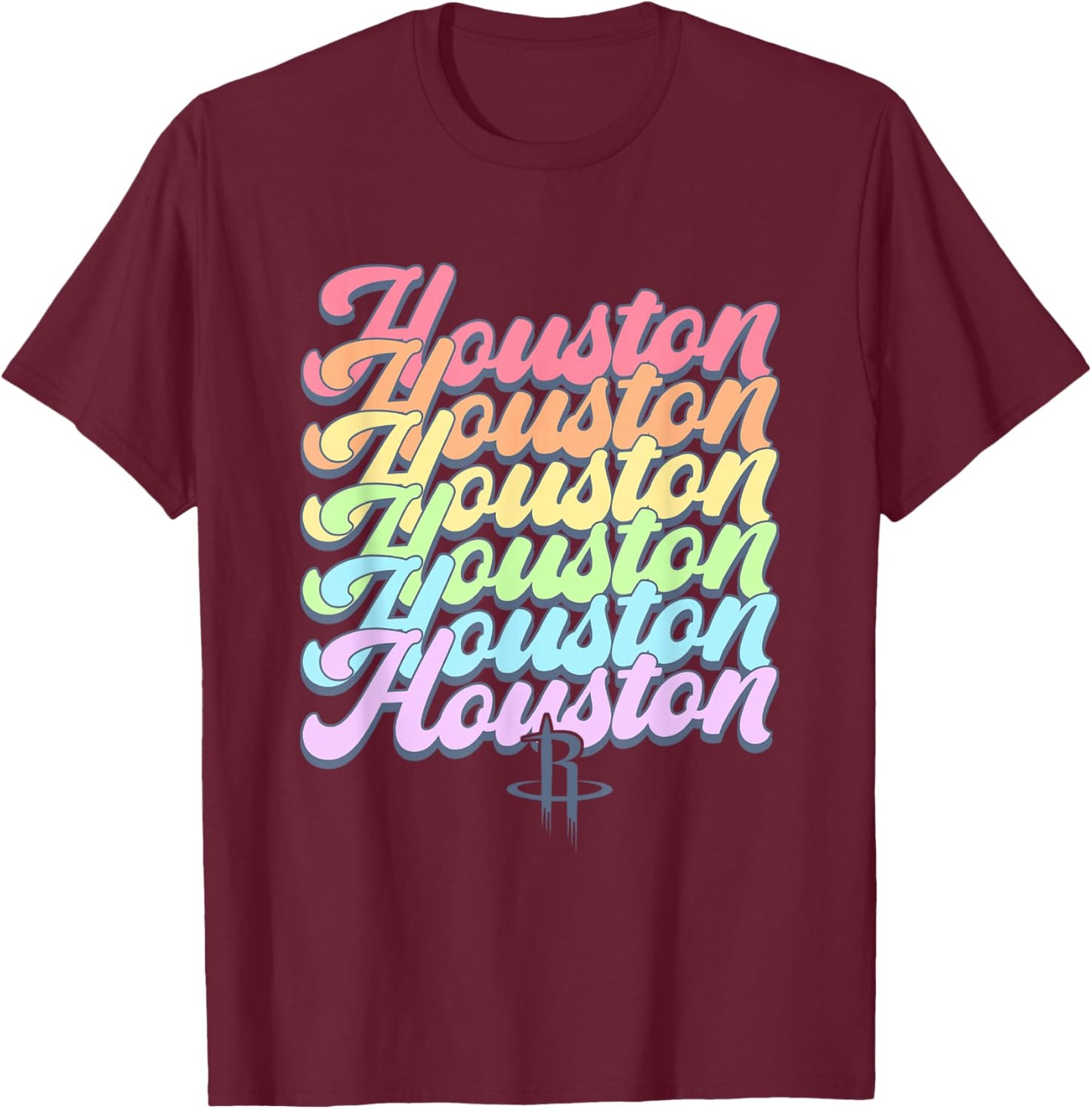 NBA Houston Rockets Pastel Rainbow Pride Stack T-Shirt - T-Shirt | Maroon