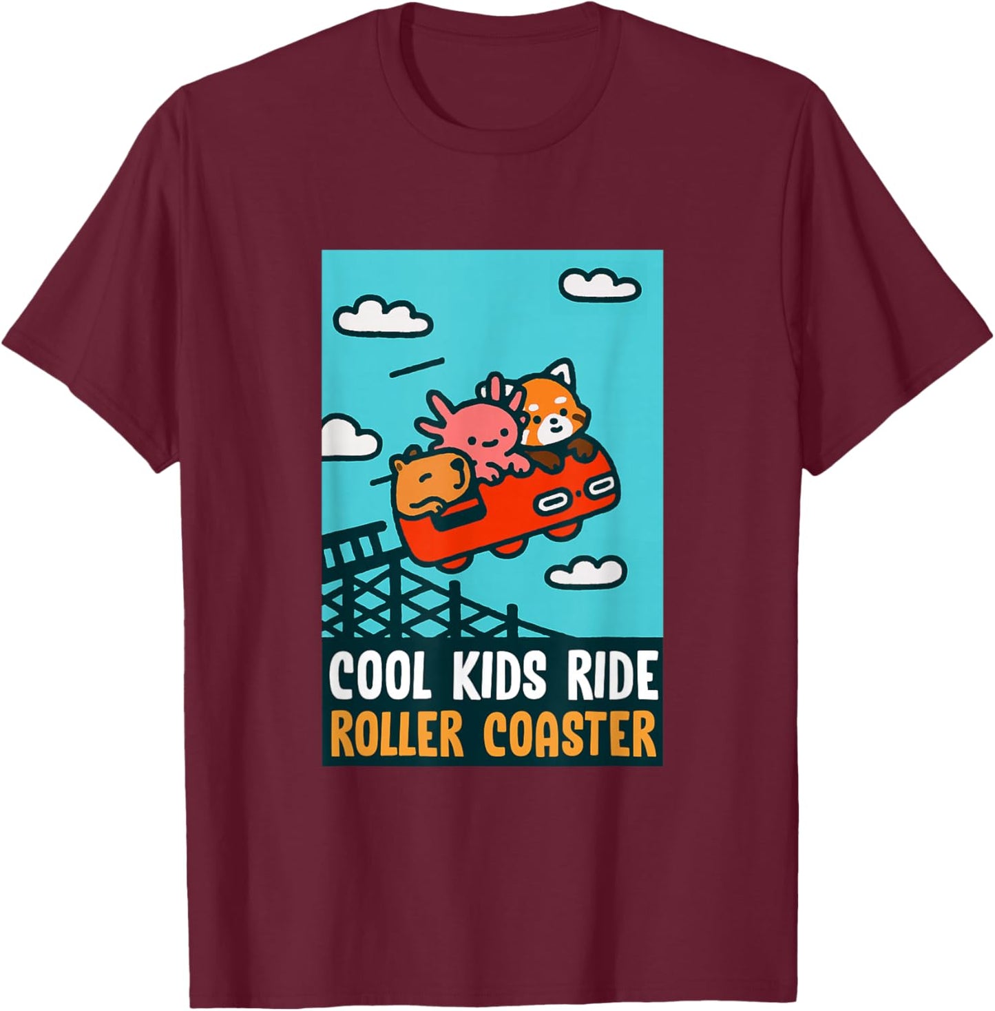 Red Panda, Axolotl, Capybara Riding A Roller Coaster Funny T-Shirt - T-Shirt | Maroon