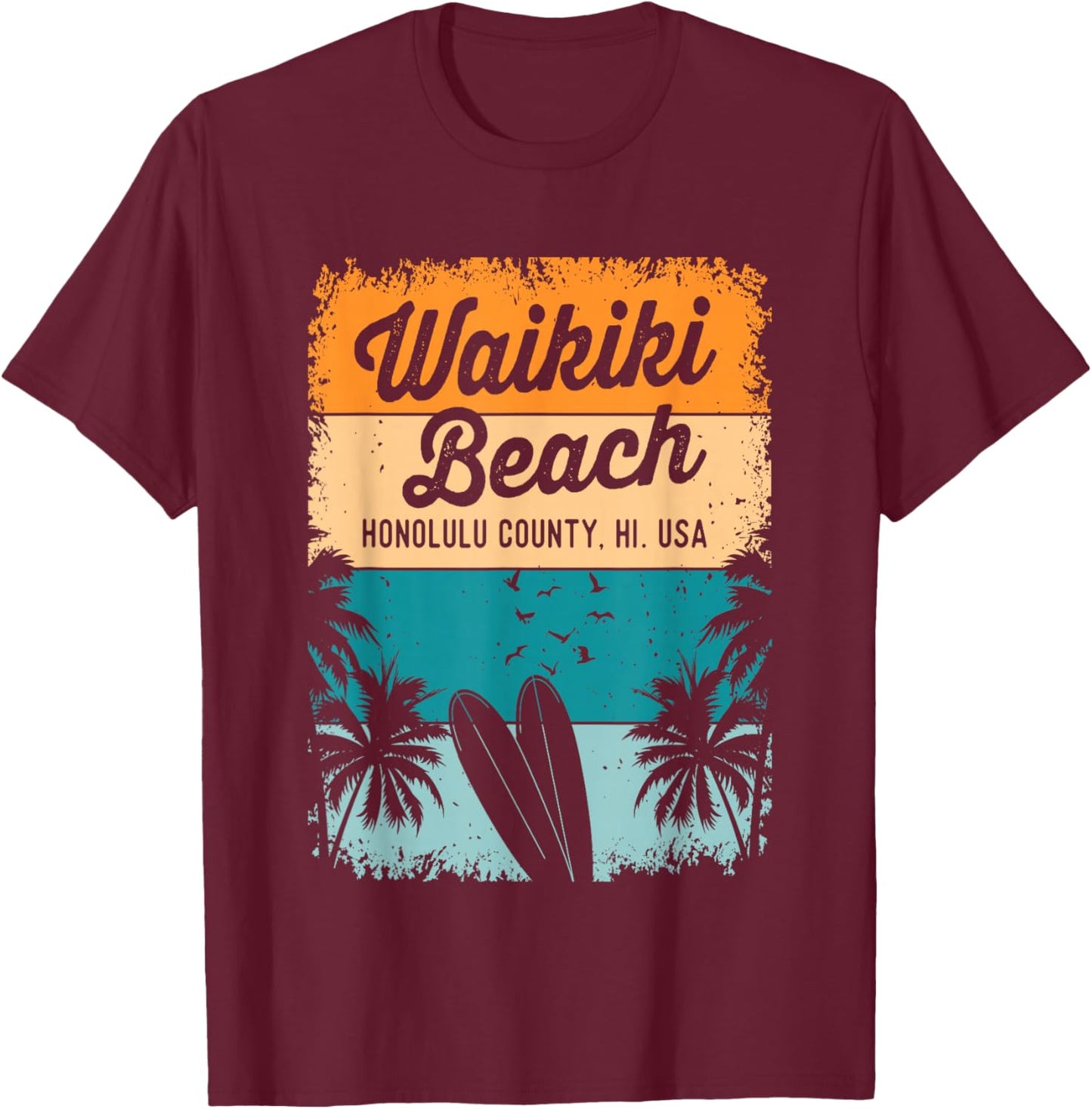 Retro Waikiki Beach Gifts Souvenir Men Women Honolulu Hawaii T-Shirt - T-Shirt | Maroon