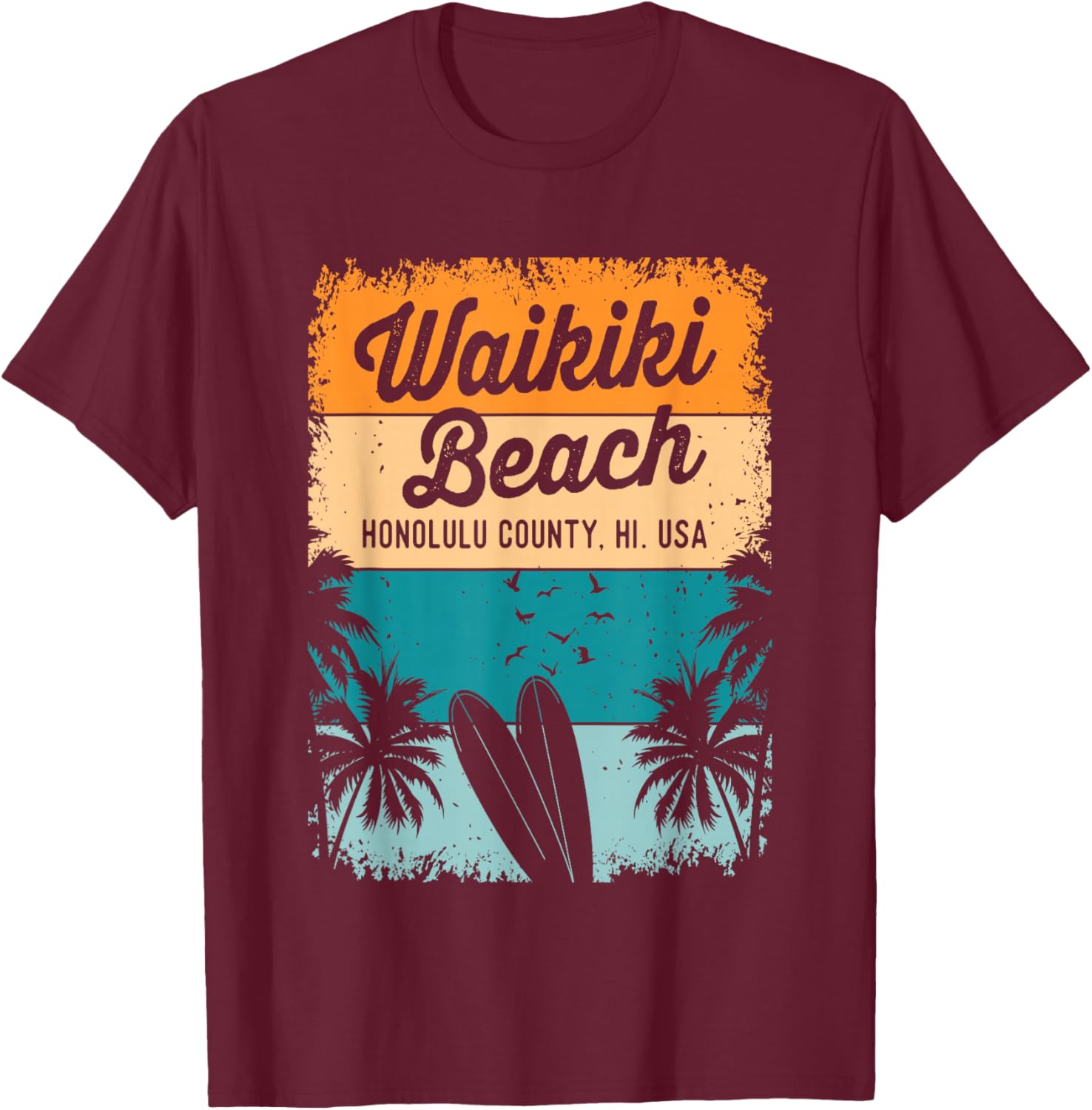 Retro Waikiki Beach Gifts Souvenir Men Women Honolulu Hawaii T-Shirt - T-Shirt | Maroon