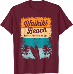 Retro Waikiki Beach Gifts Souvenir Men Women Honolulu Hawaii T-Shirt - T-Shirt | Maroon