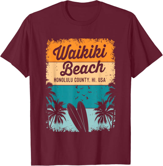 Retro Waikiki Beach Gifts Souvenir Men Women Honolulu Hawaii T-Shirt - T-Shirt | Maroon