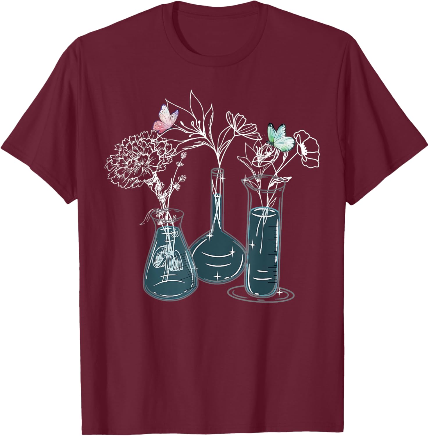 Science Laboratory Floral Flask Butterfly Biology Teacher T-Shirt - T-Shirt | Maroon