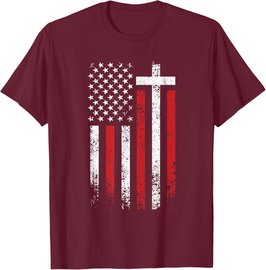 American Flag Cross Christmas Patriotic Religious Christian T-Shirt - T-Shirt | Maroon
