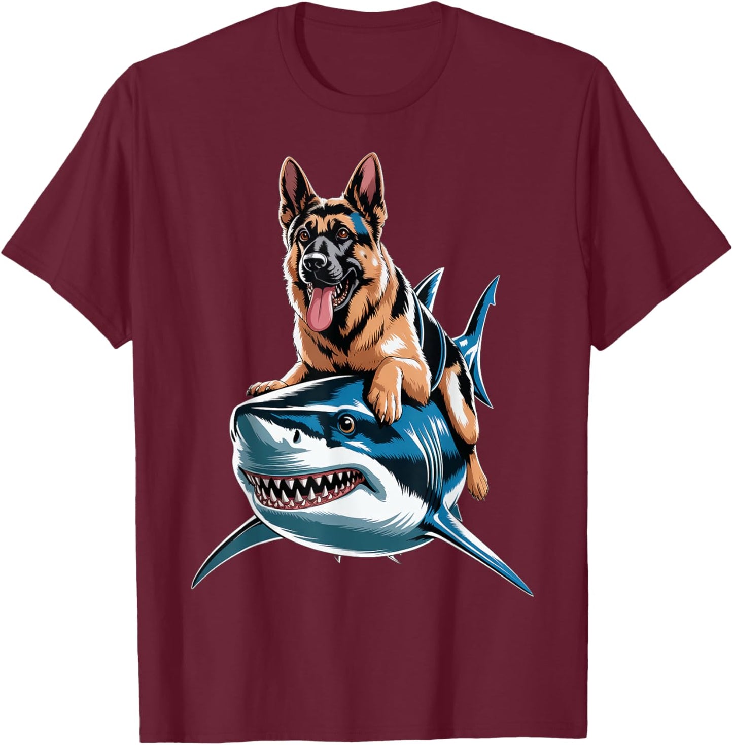 Funny German Shepherd Riding Shark T-Shirt - T-Shirt | Maroon