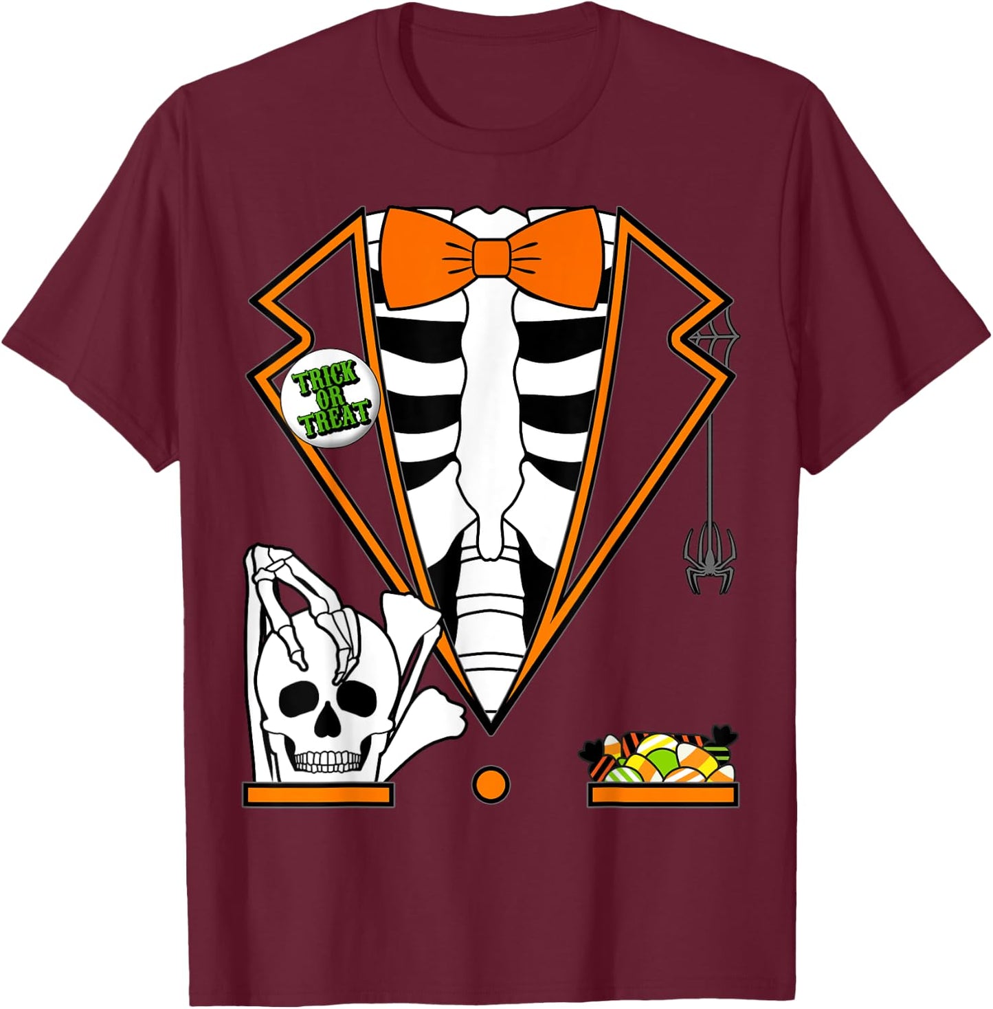 Easy Halloween Costume Shirts Orange Skeleton Tuxedo T-Shirt - T-Shirt | Maroon