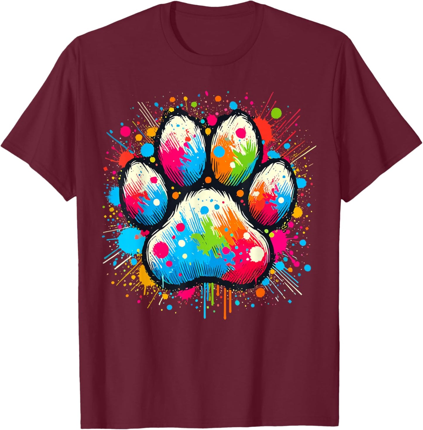Colorful Paw Dog , -Adults & Kids, Black, Small, Short Sleeve, , Classic Fit T-Shirt - T-Shirt | Maroon
