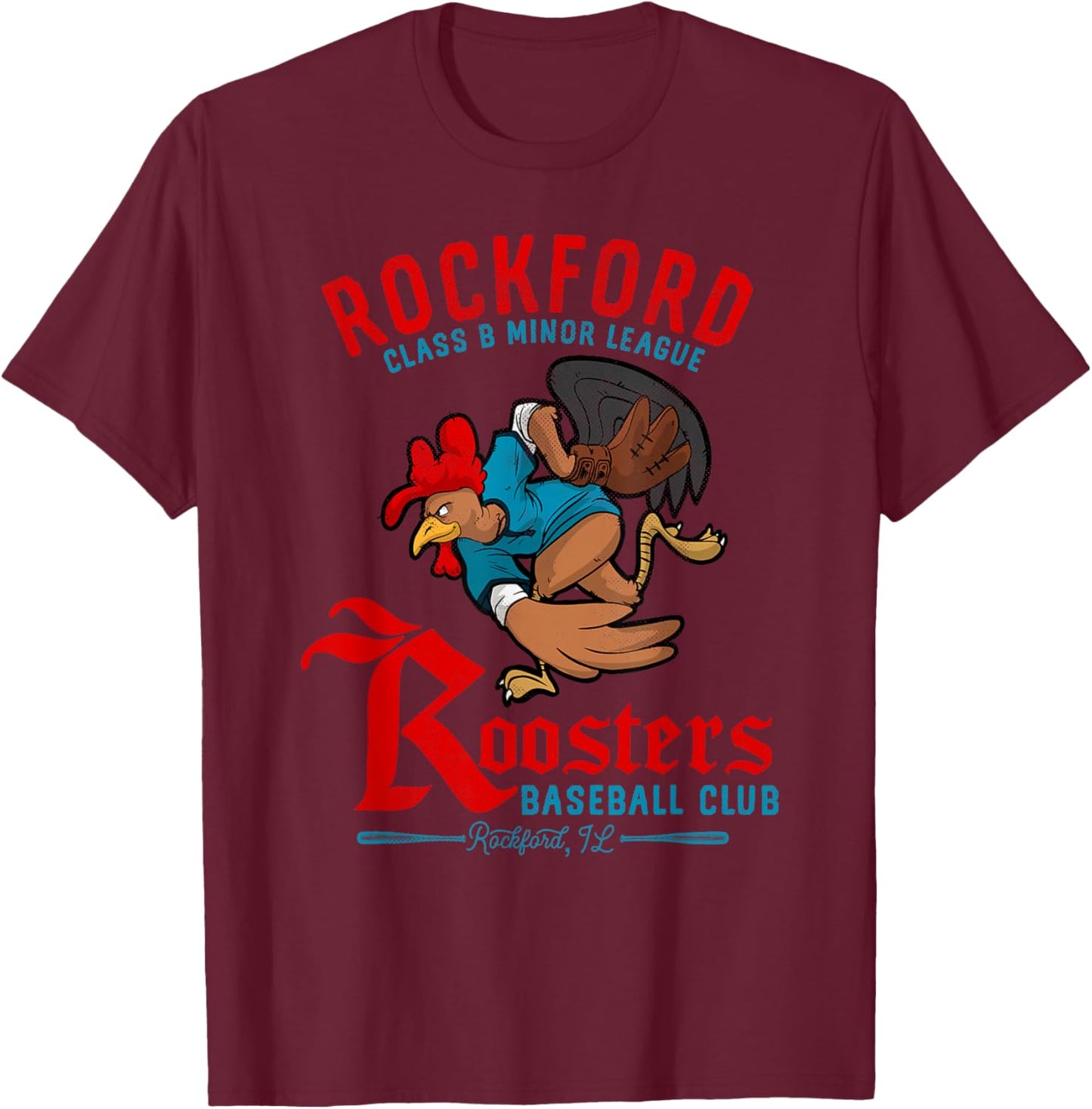 Rockford Roosters Retro Minor League Baseball Team T-Shirt - T-Shirt | Maroon