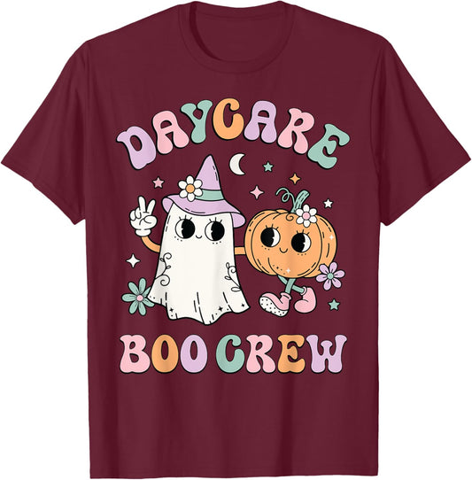 Daycare Boo Crew Groovy Halloween Floral Ghost Kid Teacher T-Shirt - T-Shirt | Maroon