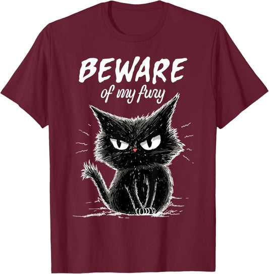Beware of My Fury Cat Black Angry Kitten Wild Attitude T-Shirt - T-Shirt | Maroon