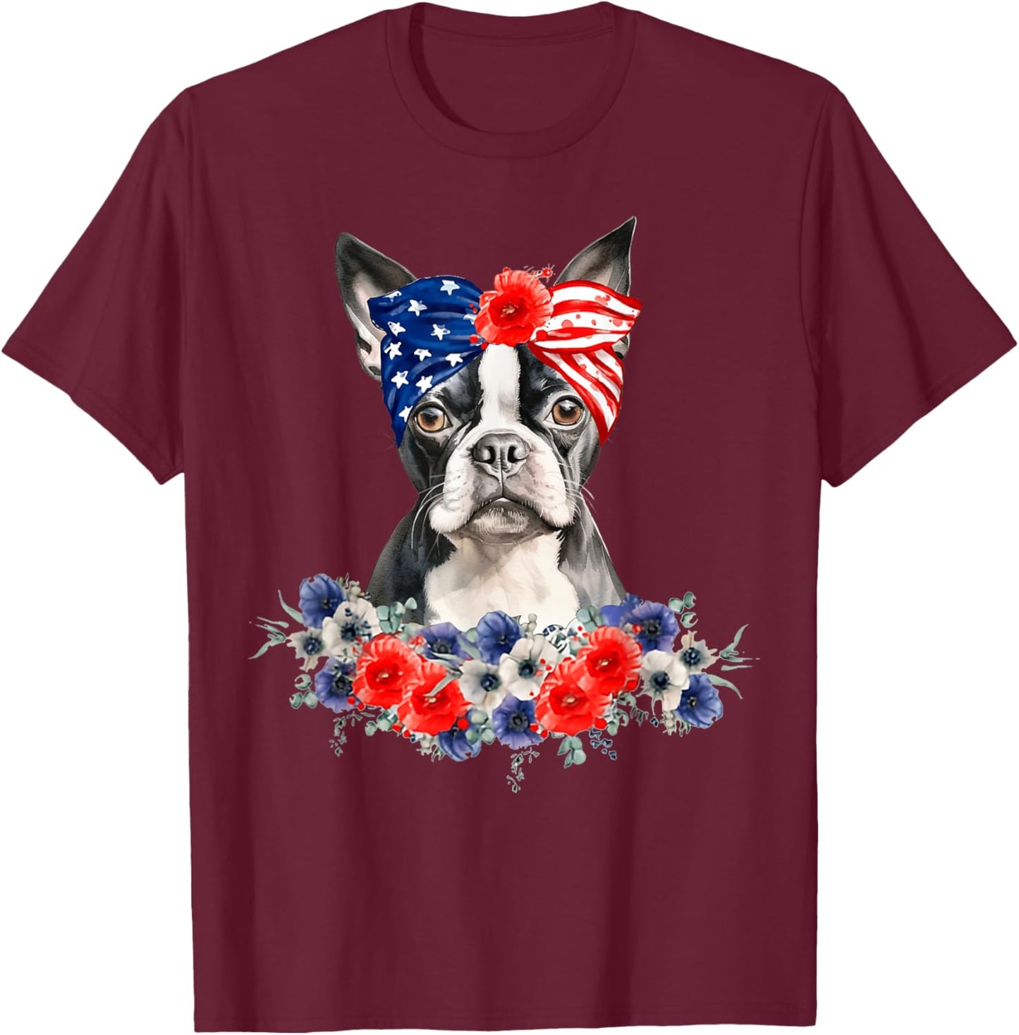 Boston Terrier Dog Bandana American Flag 4th Of July T-Shirt - T-Shirt | Maroon