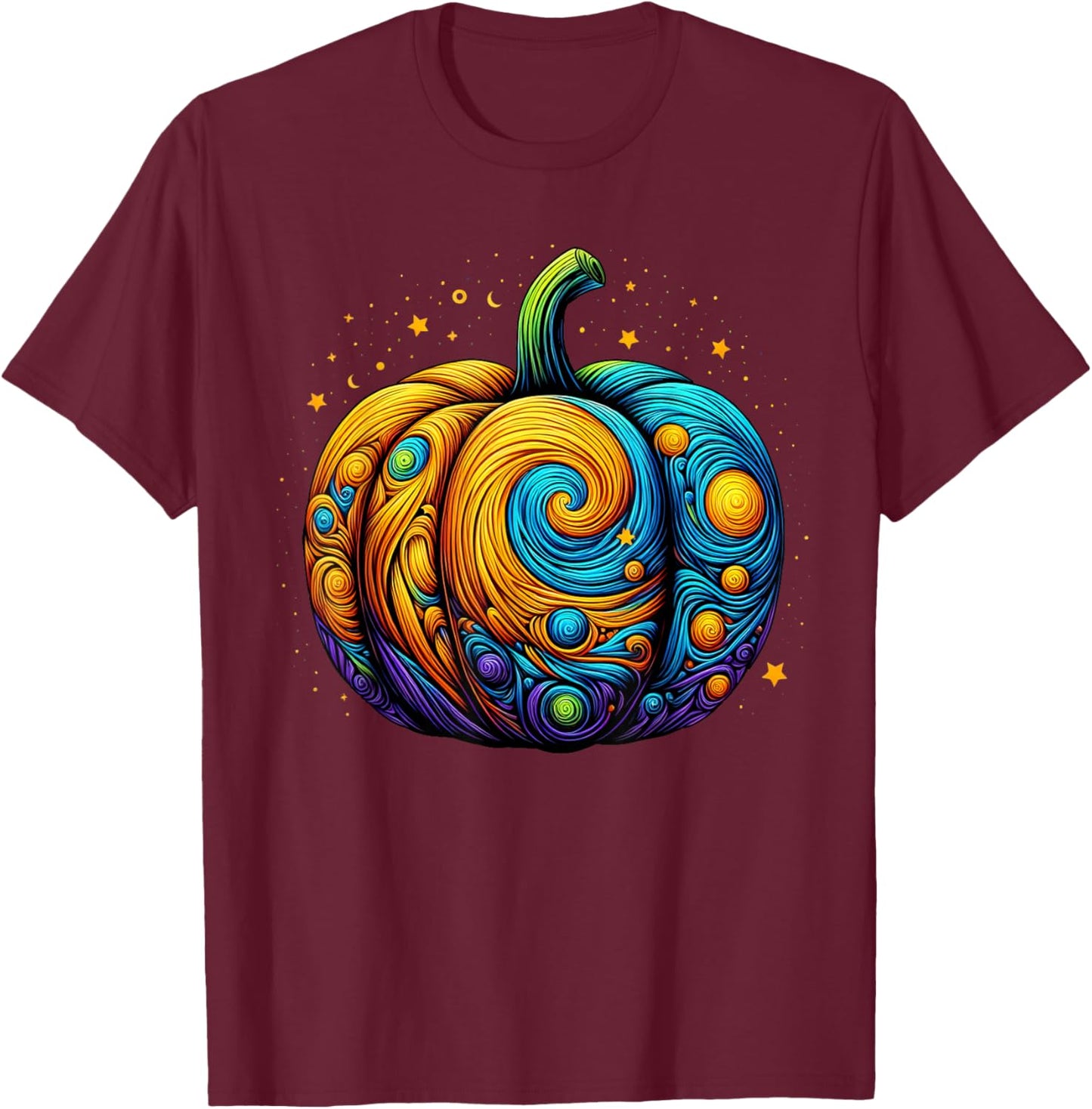 Pumpkin Halloween Starry Night Van Gogh Thanksgiving Fall T-Shirt - T-Shirt | Maroon