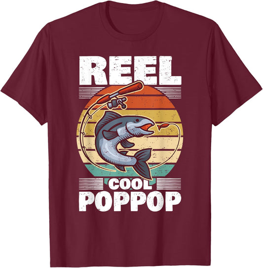 PopPop Father's Day Fish Angling Fishing Angler Reel T-Shirt - T-Shirt | Maroon