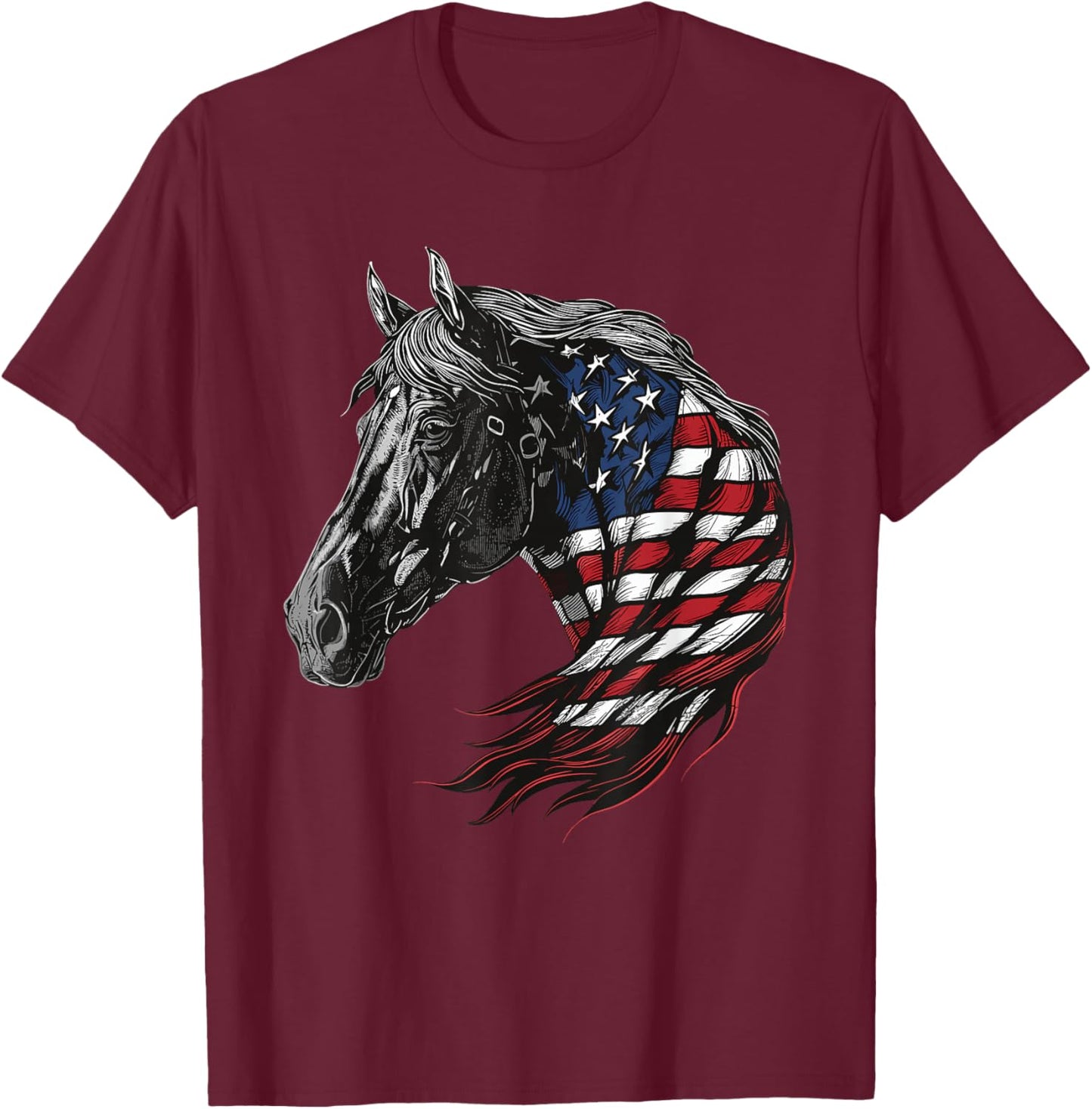 Horse Patriotic Equestrian 4th Of July USA American Flag T-Shirt - T-Shirt | Maroon