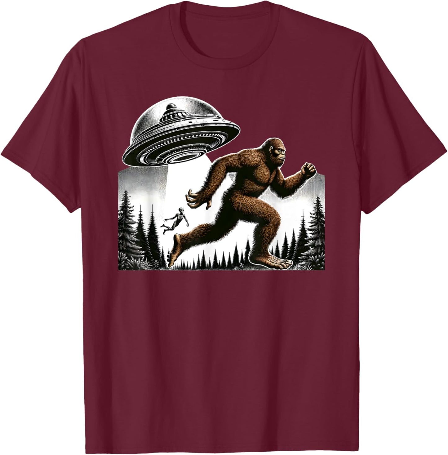 Bigfoot Sasquatch Running From Aliens In a UFO In Forest T-Shirt - T-Shirt | Maroon