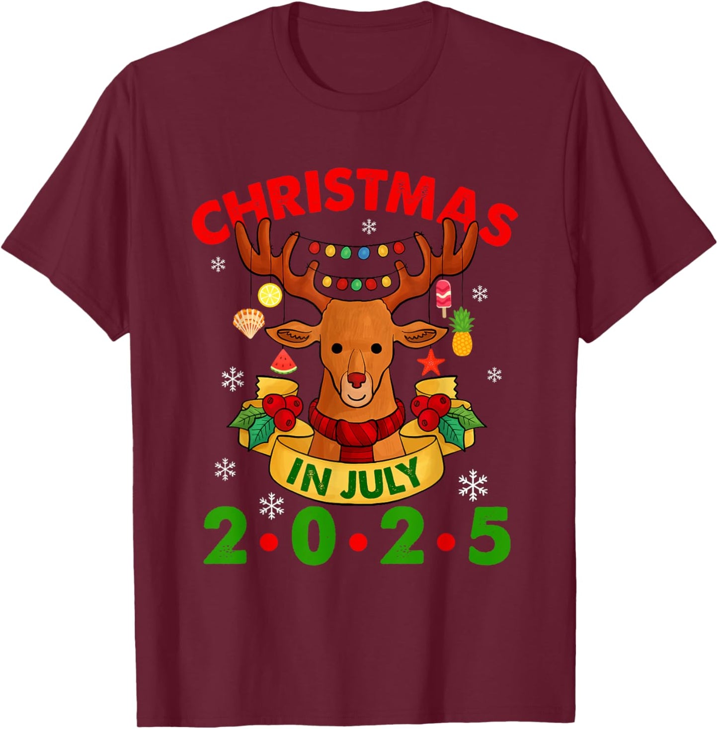 Christmas In July 2025 Reindeer Xmas Lights Summer Men Women Girls Kids T-Shirt - T-Shirt | Maroon