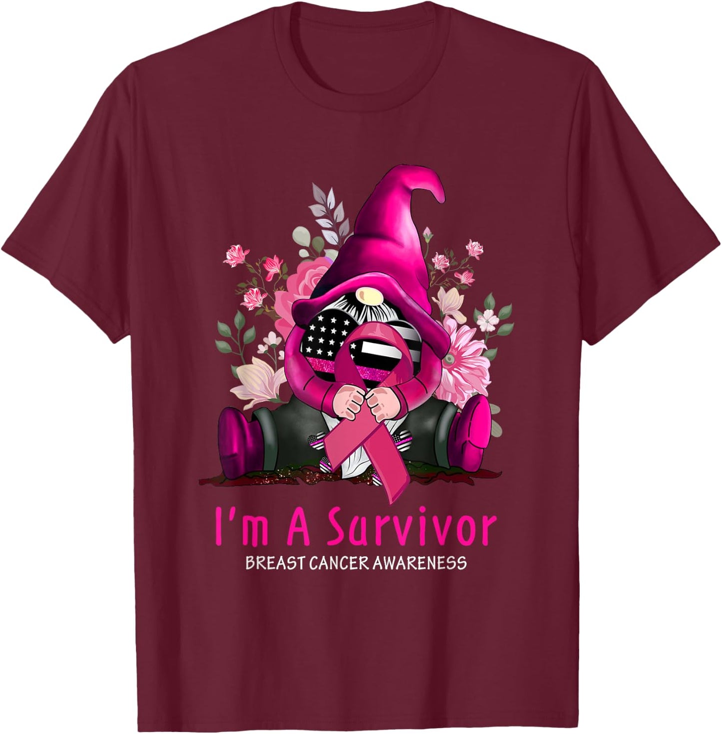 I’m A Survivor Gnome Pink Ribbon Breast Cancer Awareness T-Shirt - T-Shirt | Maroon
