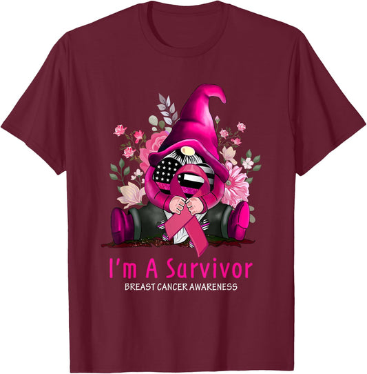 I’m A Survivor Gnome Pink Ribbon Breast Cancer Awareness T-Shirt - T-Shirt | Maroon