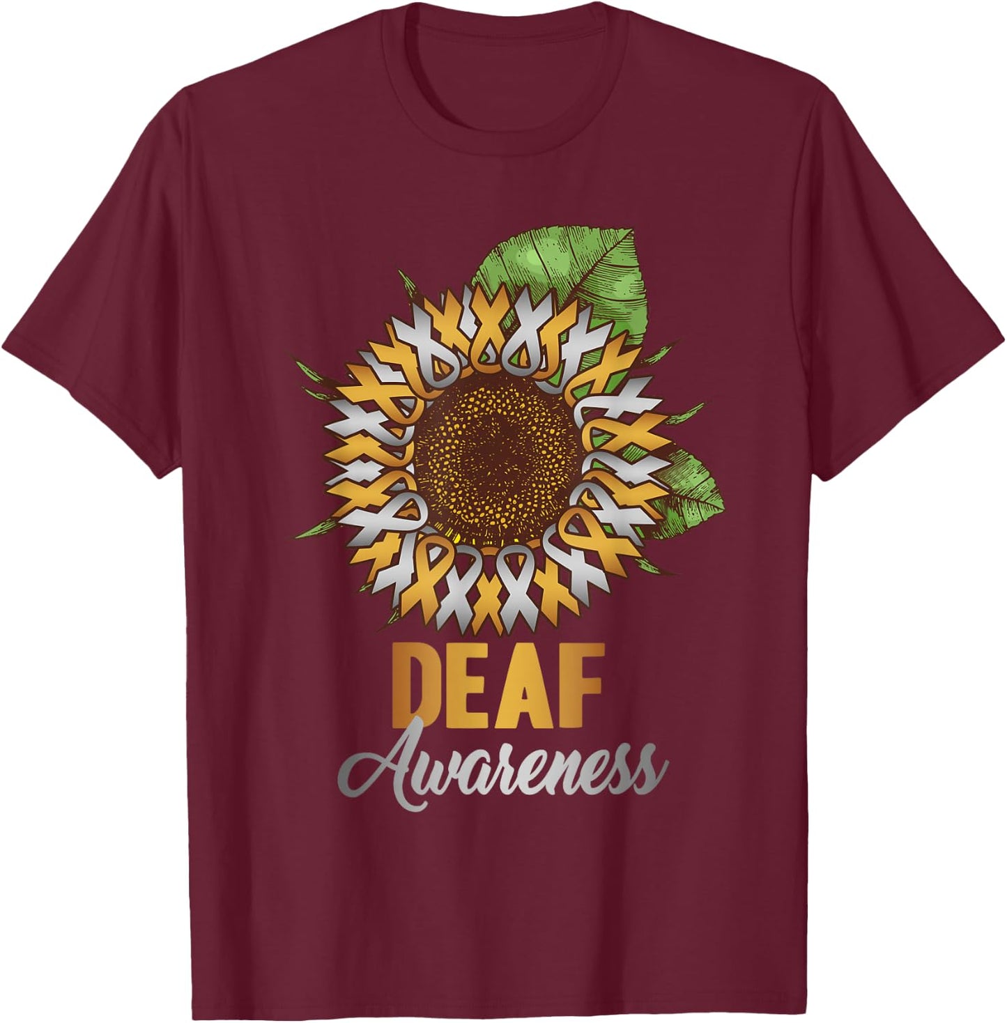 Deaf Awareness - Sunflower Gold and Silver Ribbon T-Shirt - T-Shirt | Maroon