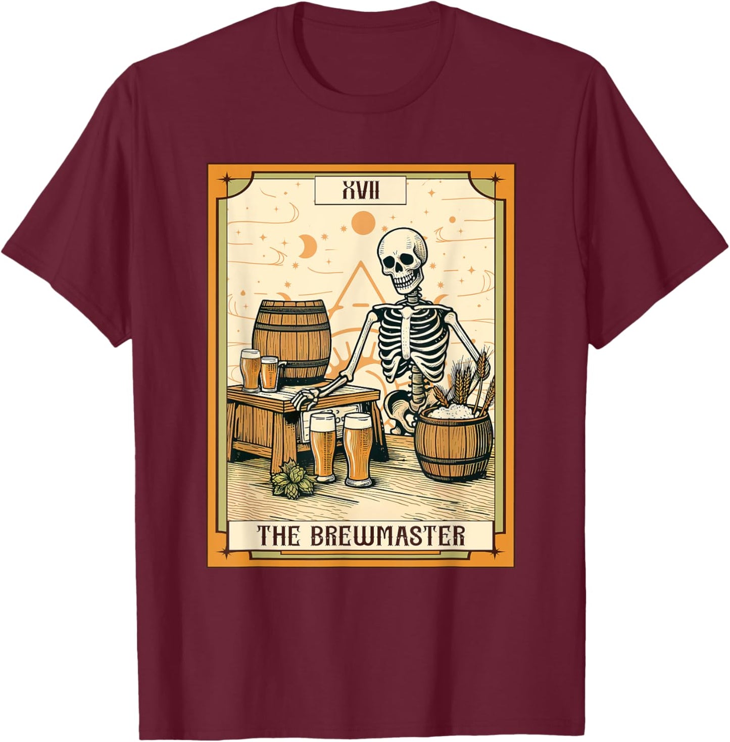 Funny Skeleton Craft Beer Drinking The Brewmaster Tarot Card T-Shirt - T-Shirt | Maroon