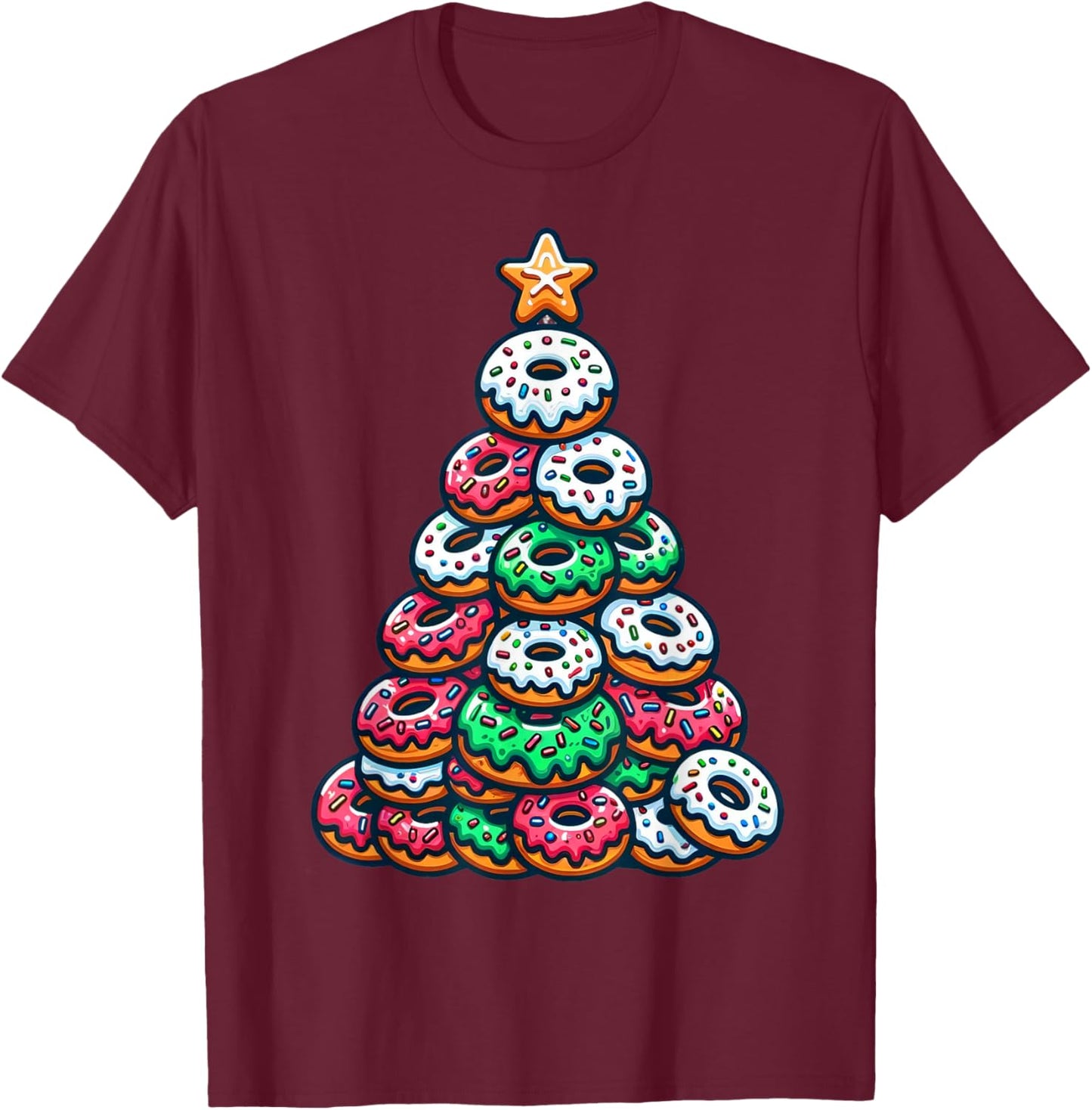 Donuts Christmas Tree Funny Doughnut Xmas Women Men Kids T-Shirt - T-Shirt | Maroon